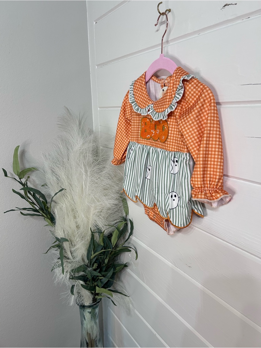 Kids Orange Gingham Pumpkin Romper with Ghost Trim